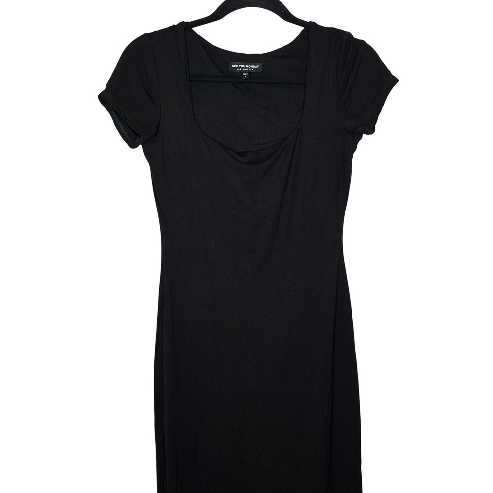 See You Monday Anthro Black Maxi Dress Large Bodycon Minimalist Stretch Neutral - Picture 2 of 6
